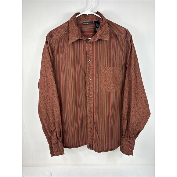 DKNY JEANS Men's Stipe And Floral Button Up Shirt‎ Size L Earth Tones - Picture 1 of 9